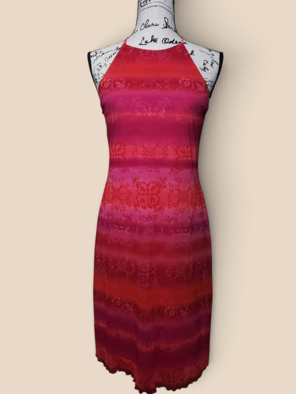 Vintage California Concepts Y2K Pink Red Ombre Floral Halter Midi Dress